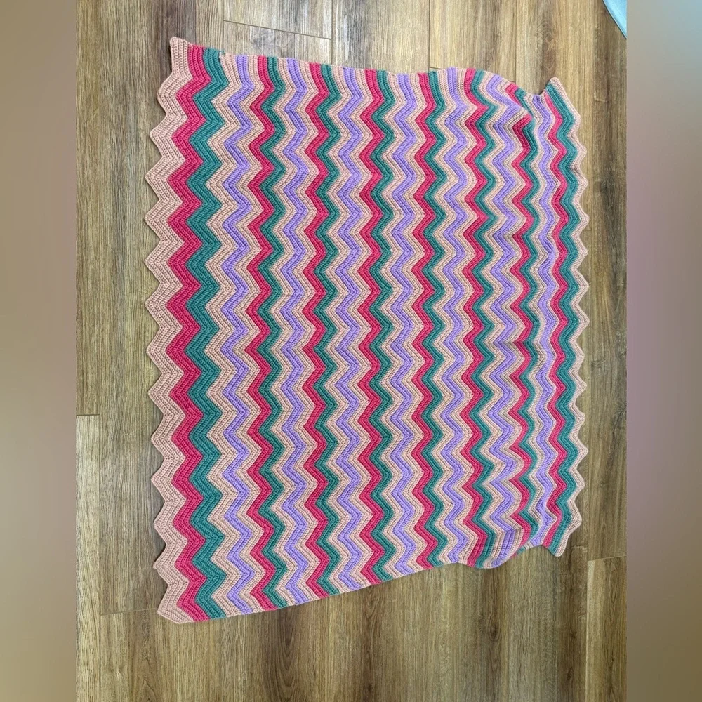 Vintage Crochet Afghan Chevron Ripple Throw Blanket Handmade Purple Teal Brown
